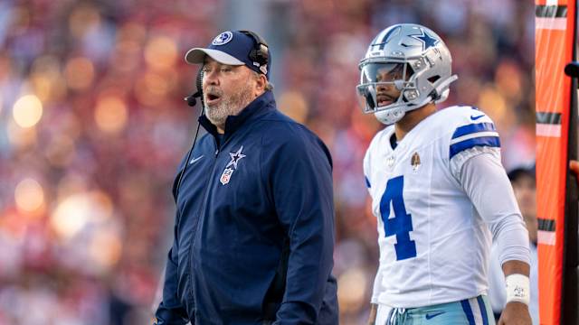October 8, 2023; Santa Clara, California, USA; Dallas Cowboys head coach Mike McCarthy (left) and quarterback Dak Prescott (4) watch against the San Francisco 49ers during the first quarter at Levi's Stadium. Mandatory Credit: Kyle Terada-USA TODAY Sports